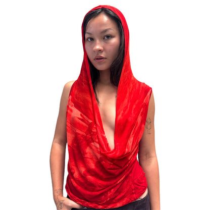 JEAN PAUL GAULTIER RED DRAPE HOODED TOP