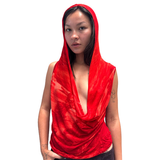 JEAN PAUL GAULTIER RED DRAPE HOODED TOP