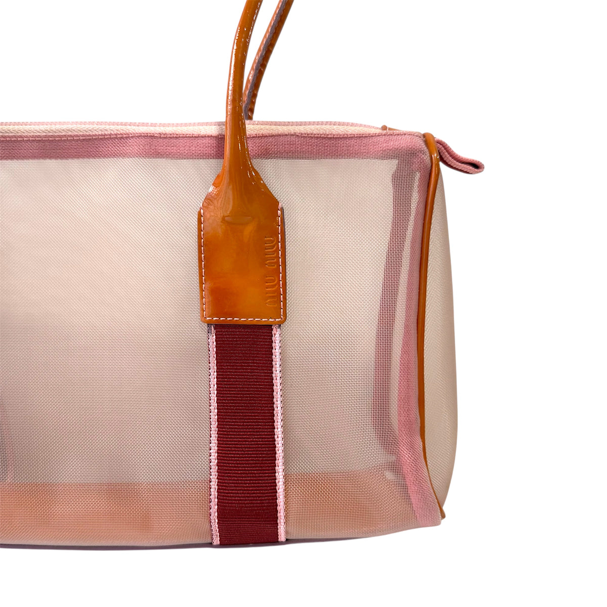 MIU MIU PINK LEATHER TRIMMED MESH BAG