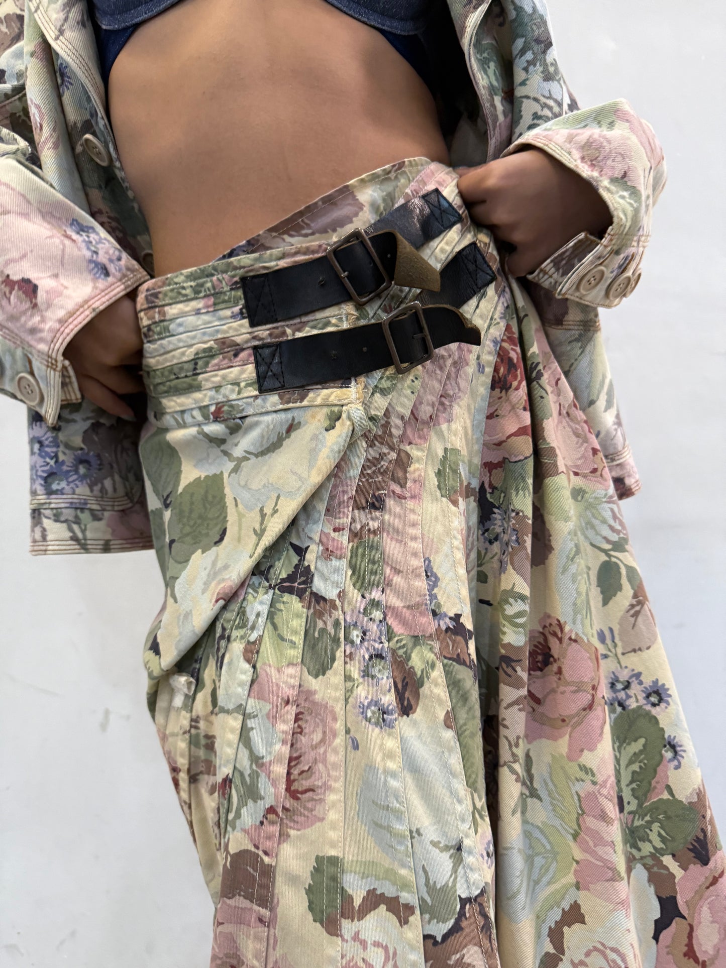 JUNYA WATANABE FLORAL SLIT BELT MAXI SKIRT
