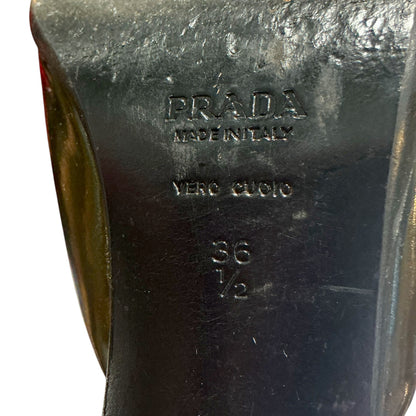 PRADA OLIVE PATENT LEATHER SQUARED HEELS