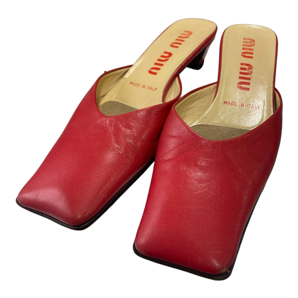 MIU MIU 1990S RED LEATHER SQUARED TOE KITTEN HEELS