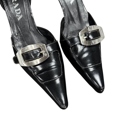 PRADA BUCKLED BLACK LEATHER KITTEN HEELS