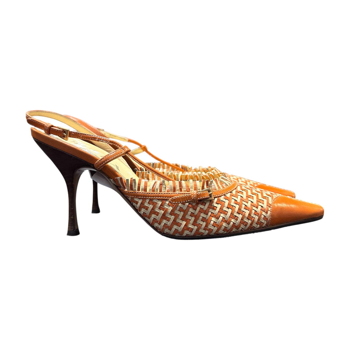 PRADA ORANGE WOVEN RUFFLED LEATHER SLINGBACK HEELS