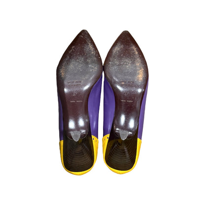 MIUMIU TWO-TONE MUSTARD AND PURPLE LEATHER PUMPS