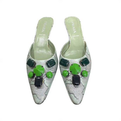 PRADA SS2003 BROCADE EMBELLISHMENT SILK KITTEN HEELS