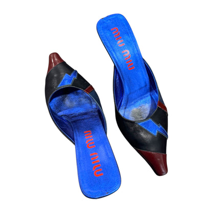 MIU MIU 2000S BLUE METALLIC LIGHT BOLT MULES