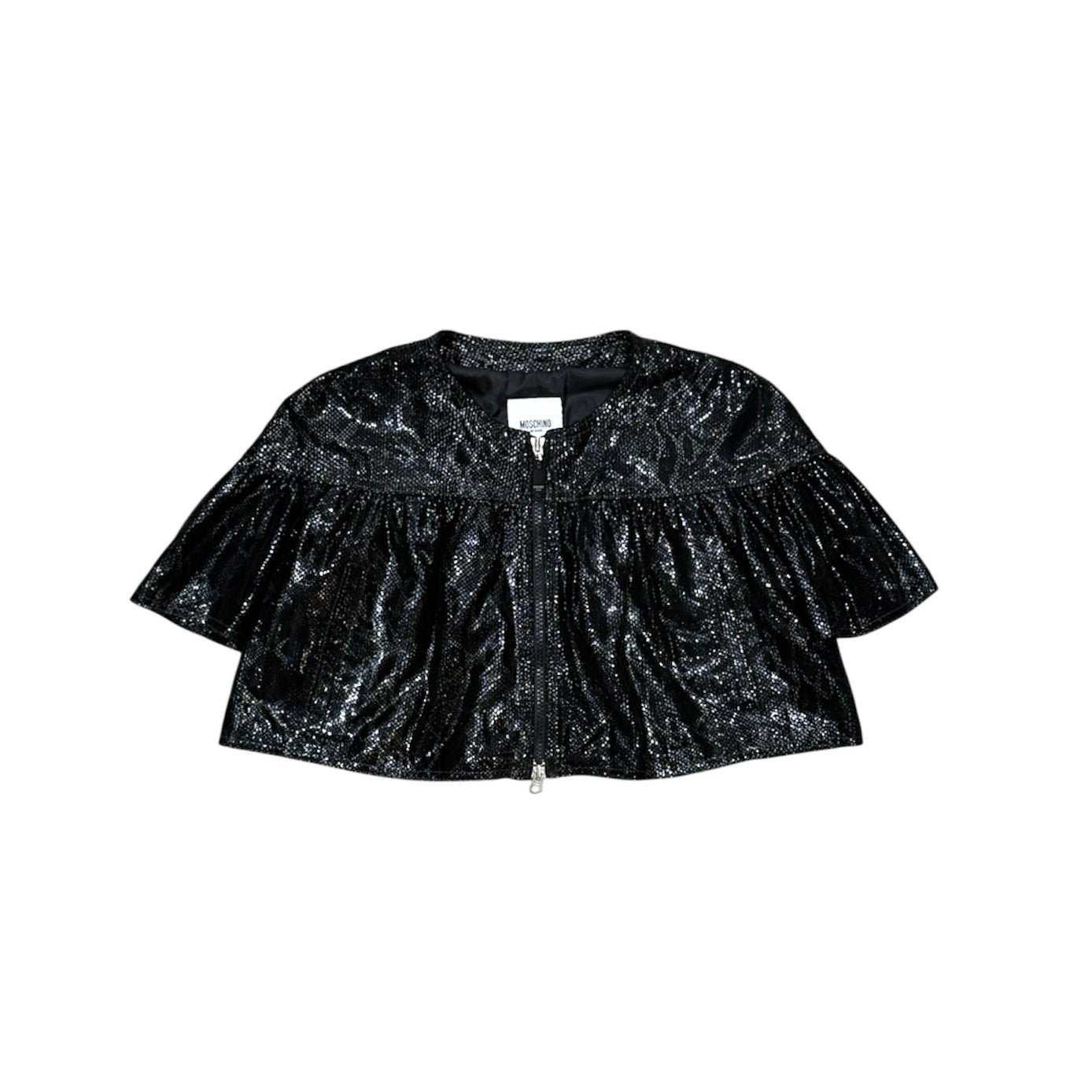 MOSCHINO RUFFLED SNAKE-PRINT LEATHER CROPPED BOLERO JACKET