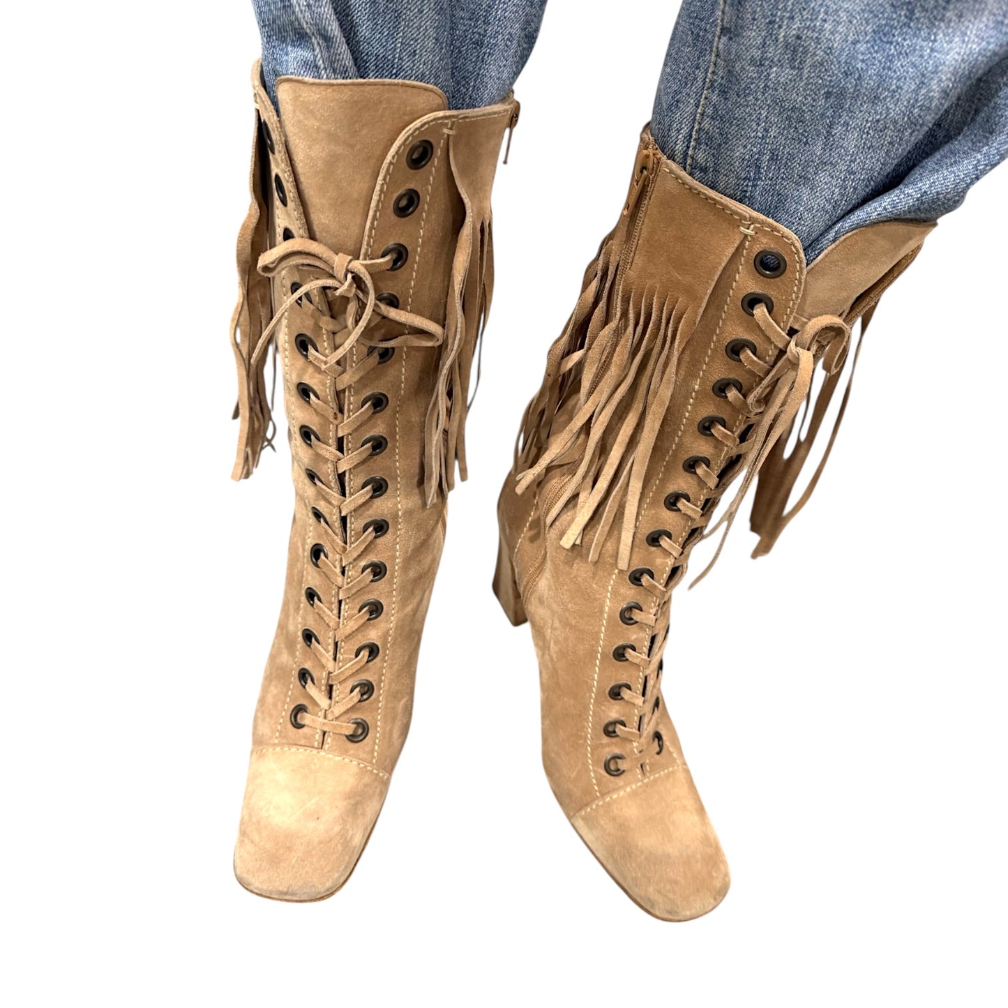 MIU MIU FRINGE TAUPE SUEDE BOOTS
