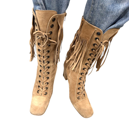 MIU MIU FRINGE TAUPE SUEDE BOOTS