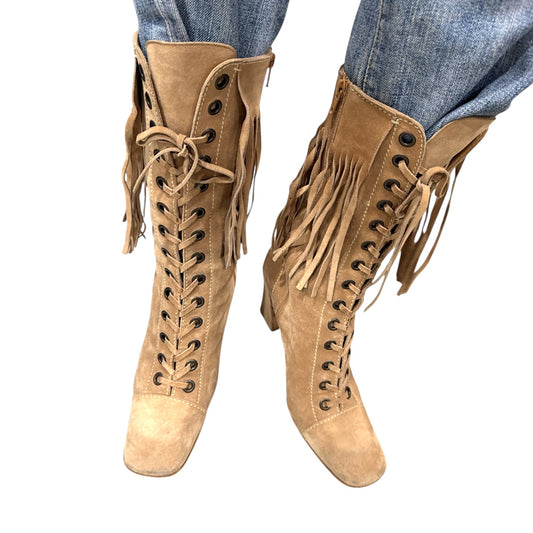 MIU MIU FRINGE TAUPE SUEDE BOOTS