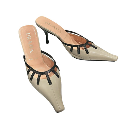 PRADA BLACK WHITE CUTOUT POINTED TOE HEELS