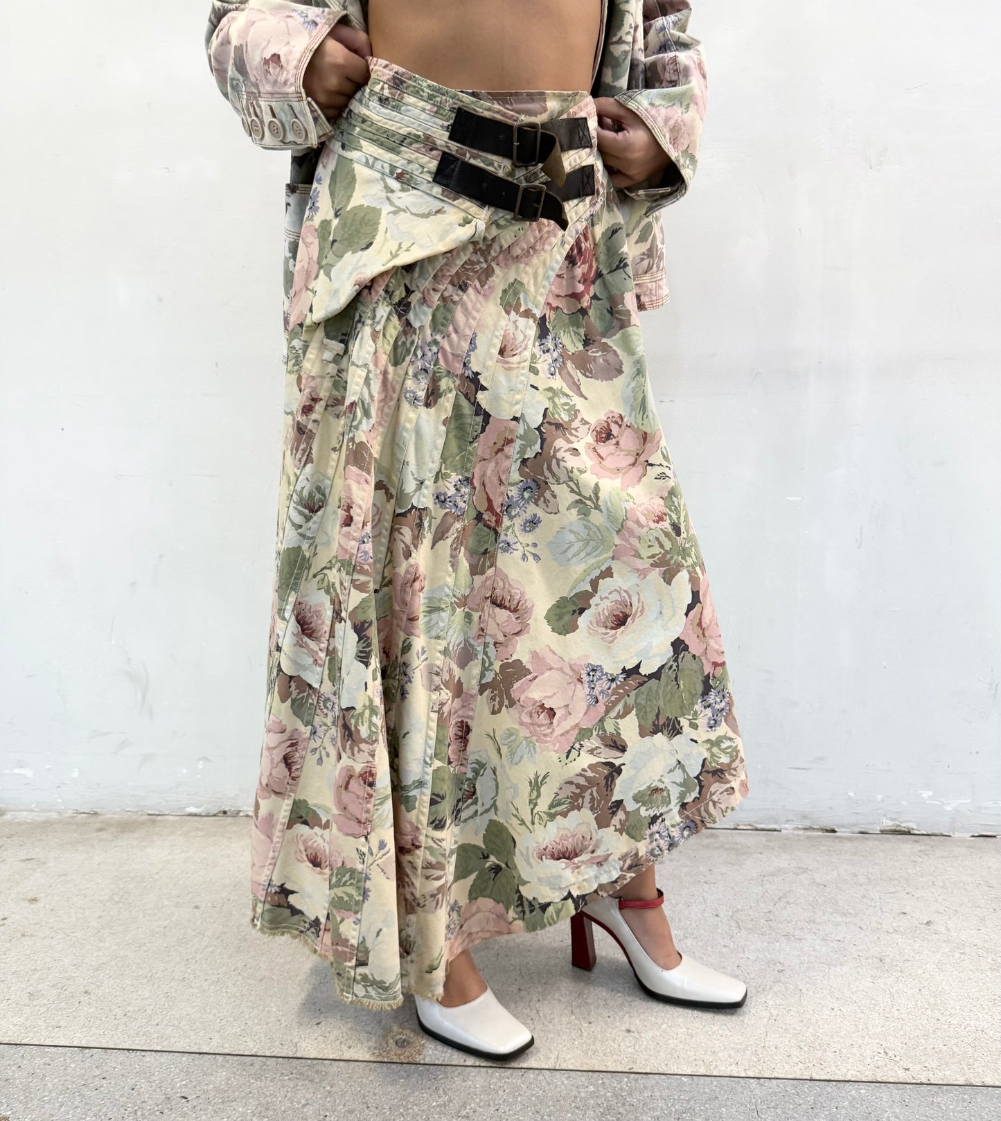 JUNYA WATANABE FLORAL SLIT BELT MAXI SKIRT