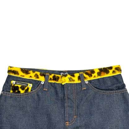 DOLCE & GABBANA LEOPARD FUR DENIM MINI SKIRT