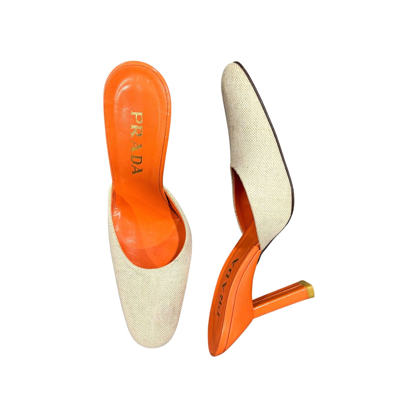 PRADA ORANGE CANVAS MULES