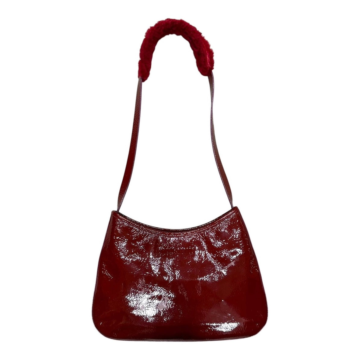 MIU MIU FW1999 RED MOUTON SHEARLING PATENT LEATHER CROSSBODY BAG