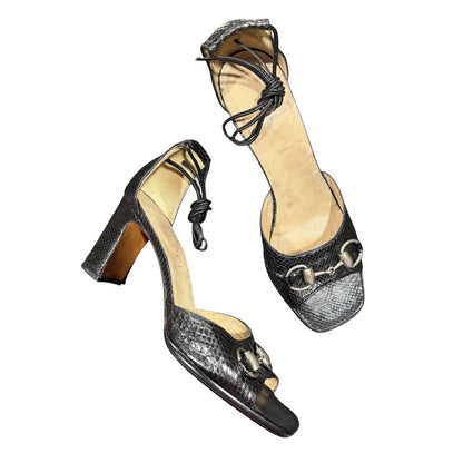 GUCCI BLACK HORSE BIT SNAKE SKIN LEATHER HEELS