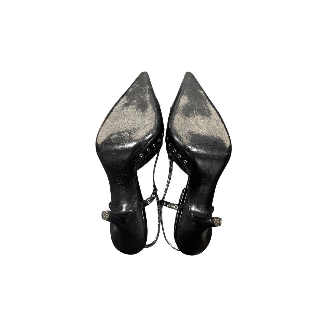 CHRISTIAN DIOR BLACK SLINGBACK KITTEN HEELS WITH GROMMET EMBELLISHMENT