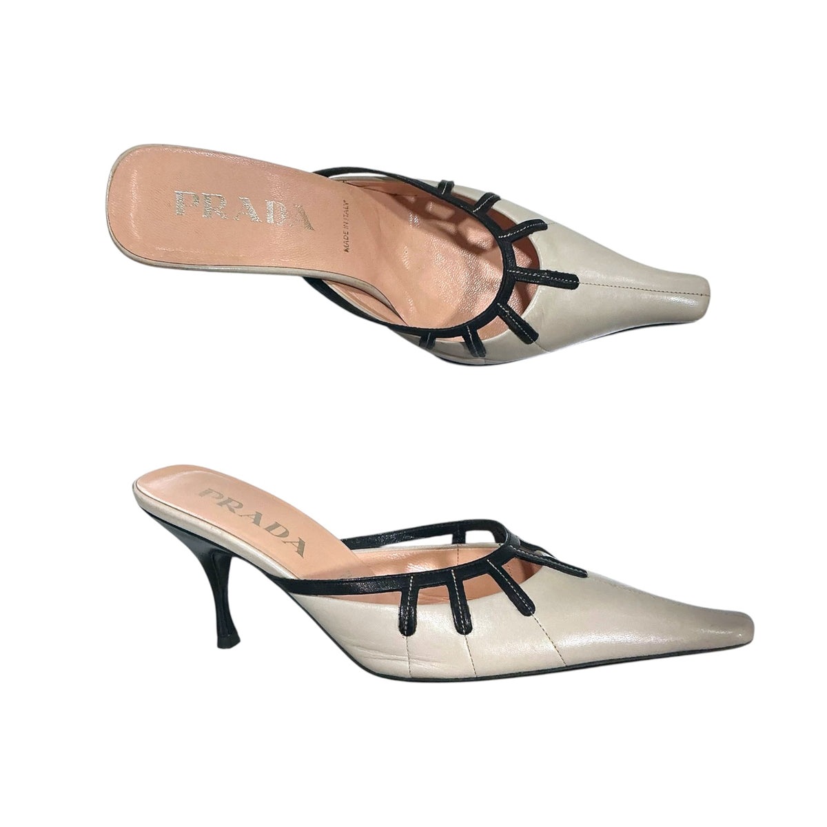 PRADA BLACK WHITE CUTOUT POINTED TOE HEELS