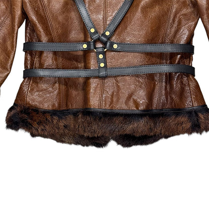 DSQUARED2 BROWN LEATHER FUR BUCKLED JACKET