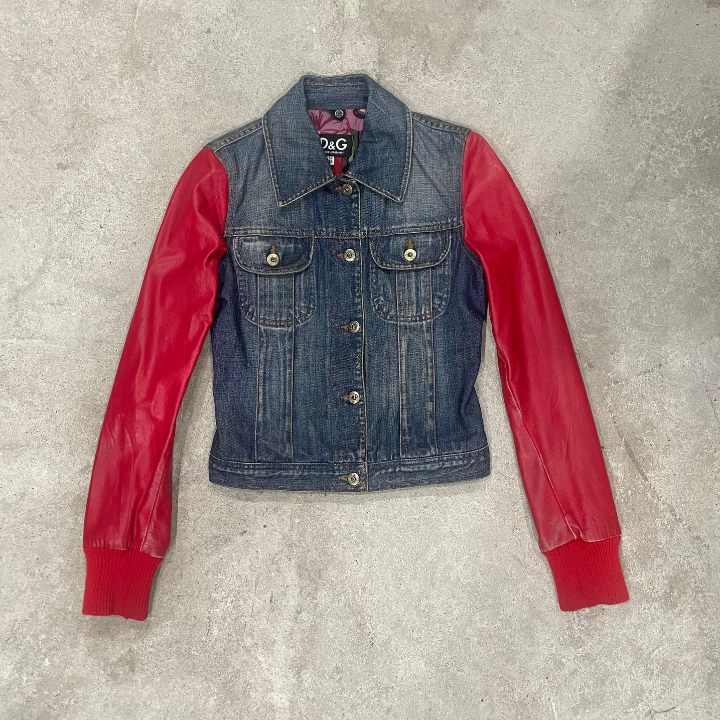 D&G Jean jacket with  red leather sleeve