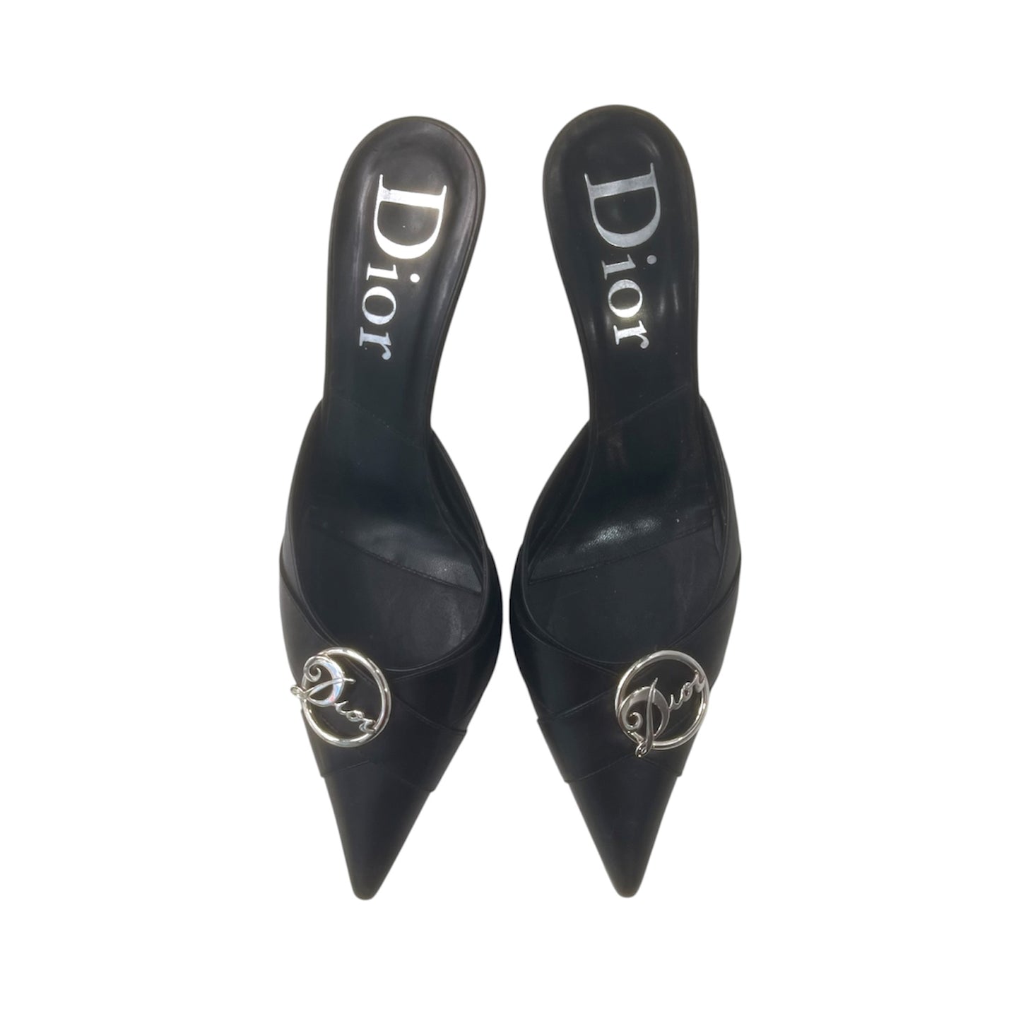CHRISTIAN DIOR SLIVER LOGO BLACK MULES