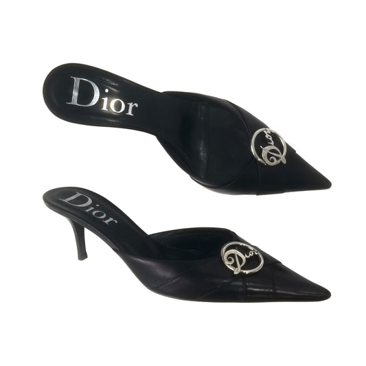 CHRISTIAN DIOR SLIVER LOGO BLACK MULES