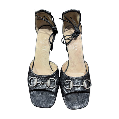 GUCCI BLACK HORSE BIT SNAKE SKIN LEATHER HEELS