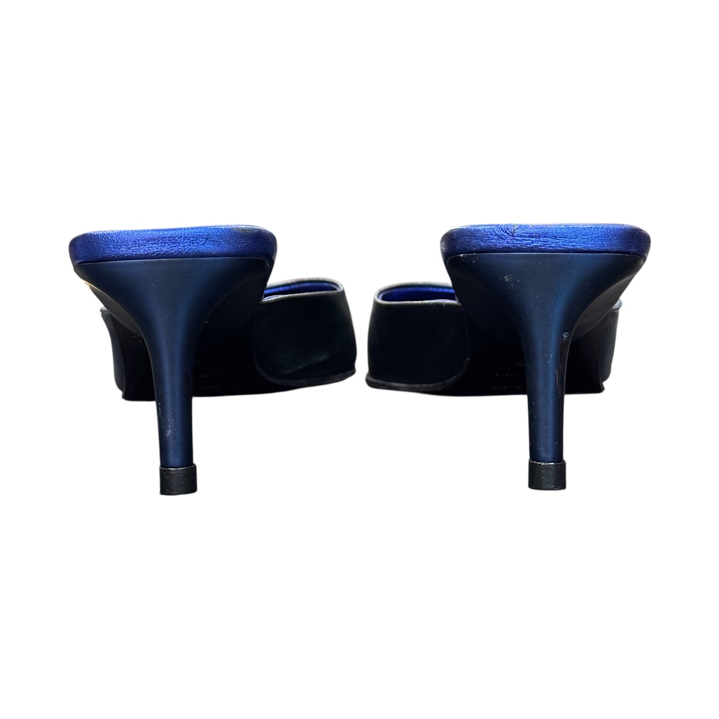 MIU MIU 2000S BLUE METALLIC LIGHT BOLT MULES