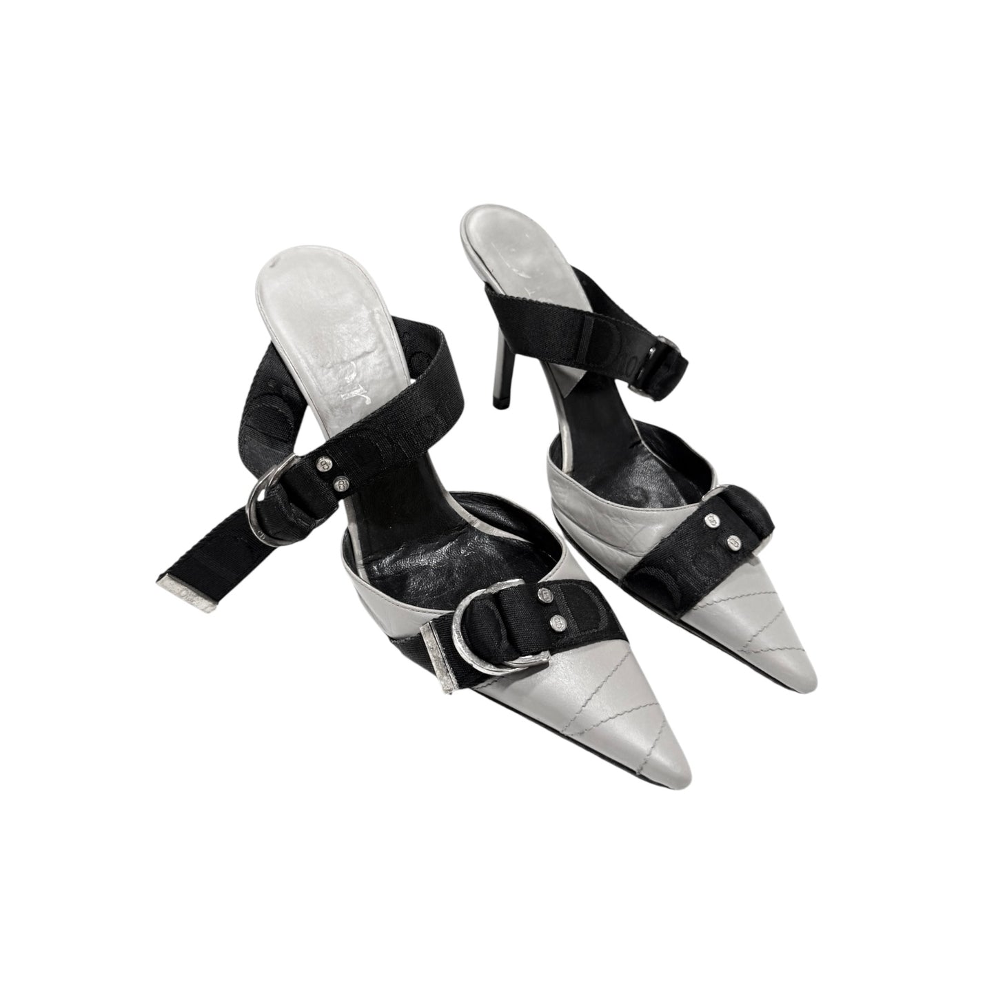 CHRISTIAN DIOR BY JOHN GALLIANO  GREY WOVEN BUCKLED MULES