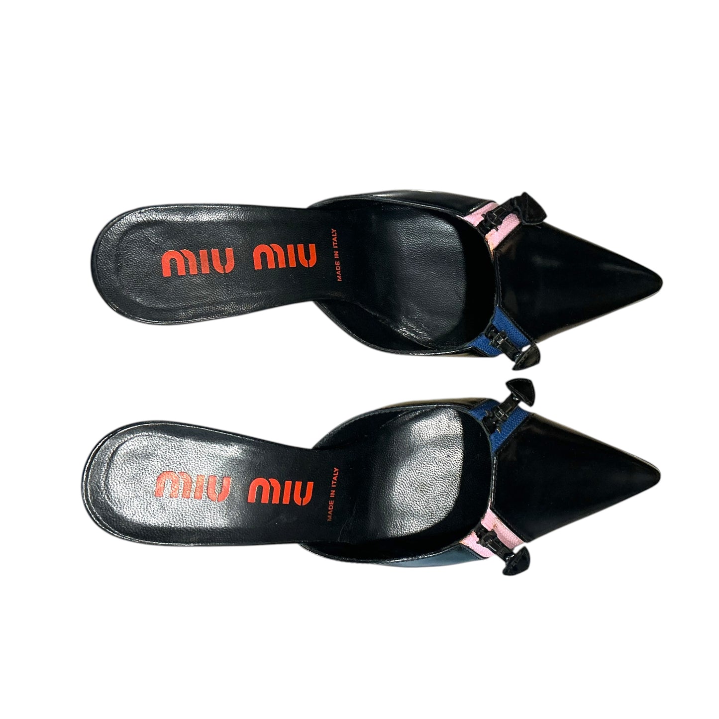 MIU MIU BLACK PINK & BLUE ZIPPER HEELS