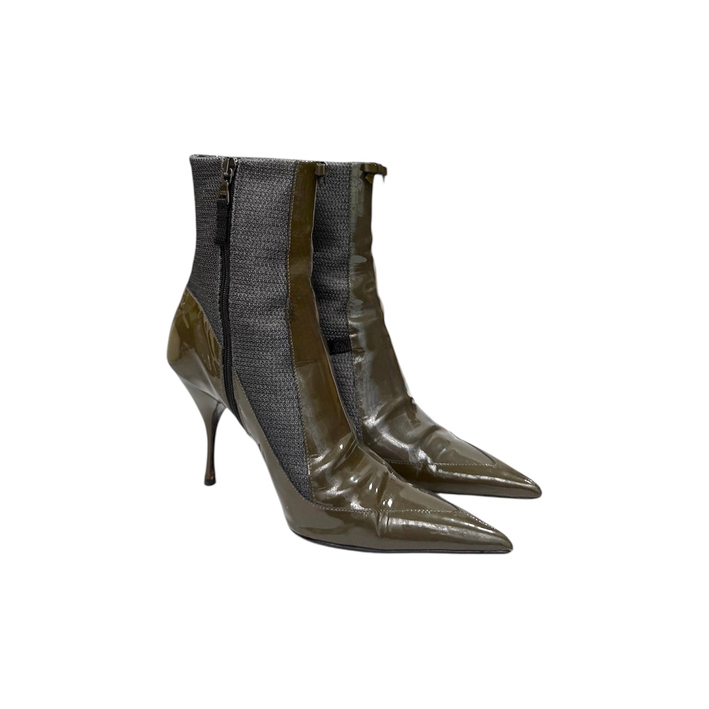 PRADA SPORT KHAKI PATENT LEATHER ANKLE BOOTS