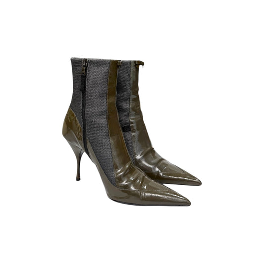 PRADA SPORT KHAKI PATENT LEATHER ANKLE BOOTS